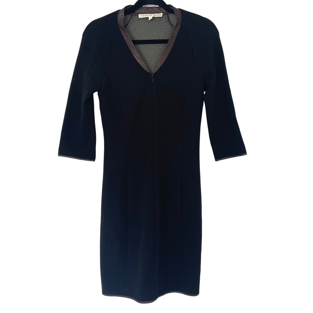 Veronica Beard Zip Front Black Dress Wool Blend Leather Trim V Neck Size 2 - Picture 1 of 9